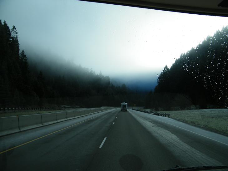 Leaving 7 Feathers headed south under the fog in Oregon on I-5