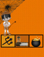 devil boy costume with bubbling cauldron and pitch fork